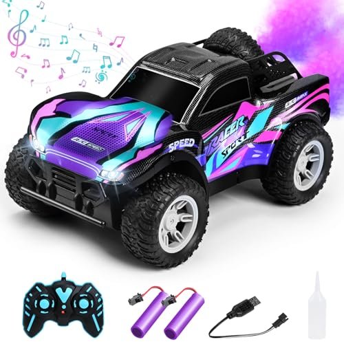 PowerDrive Purple RC Monster Truck 1/16 Scale Remote Control Car for Kids with Mist Spray and LED Lights