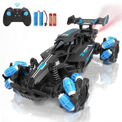 Eulogia 2.4GHz All Terrain RC Stunt Truck 360 Rotation Sideway Drifting One Key Demo Spray with Light Best Starter RC Truck for Kids Ages 4 12 Birthday Gift Blue