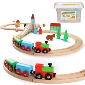 SainSmart Jr RC Scale Town Wooden Train Set for Toddlers Compatible with Brio Thomas Melissa and Doug 3 4 5 Year Old Boys and Girls