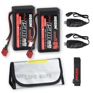 Hosim 2PCS 7.4V 1500mAh 15C Lipo Battery for RC DAF Truck with 2 USB Chargers Battery Bag and Strap