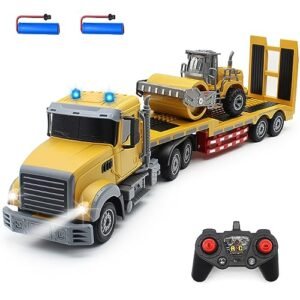 QuirkyGlee 22.5 Inch 2.4Ghz RC Semi Truck and Trailer Toy with Sound and Lights Road Roller Model for Adults and Kids
