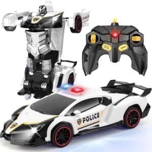 Getatoy Transformer RC Robot Car One Button Transforming Police Toy with LED Light and 360 Degree Rotation for Boys Ages 4 6 Years Old