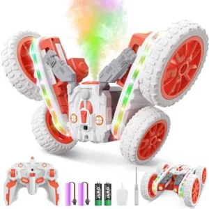Jimdella Remote Control Cars Trucks RC Stunt Car with 360 Rotating 4WD Spray Function and LED Lights for Kids Ages 4 12 Orange White