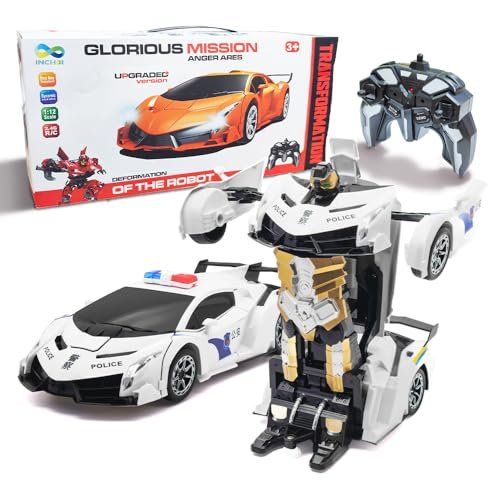 INCHOI 1/12 Scale Police Car Toy with RC Dragster Tires One Button Deformation Gesture Sensing Robot Transforming Toy