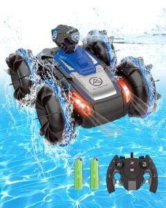 Amphibious Remote Control Car RC Boat for Kid, 4WD Waterproof RC Cars 2.4Ghz Remote, RC Car with LED Light, Toys for Ages 8-13 Boys Girls 360° Flips Rotation ATV Water Beach Pool Toy Blue