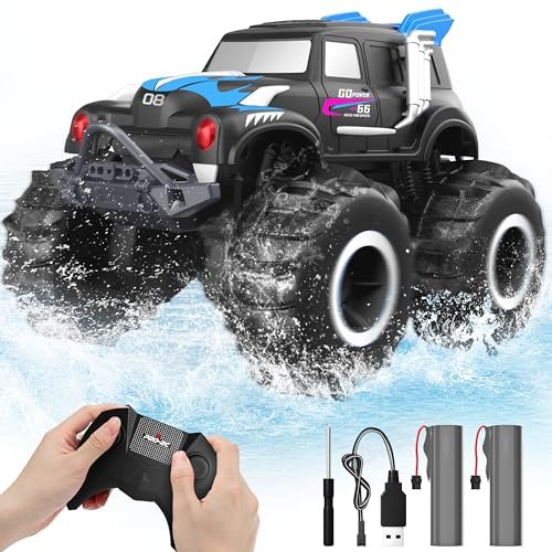 BEZAR Custom RC Monster Truck Amphibious All Terrain 4WD Off Road Remote Control Car with 2 Rechargeable Batteries for Kids Age 4 12