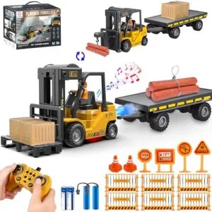 VWAHNANA 2.4GHz Remote Control RC Forklift Truck Toy Set with Flatbed Trailer and Crane Hook for Kids Ages 6 12