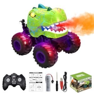 Jurassic RC Truck Pictures Dinosaur Remote Control Car with 360° Rotation Spray Light Sound for Kids Ages 4-12