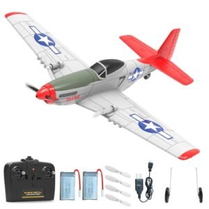 VOLANTEXRC P51D Mustang 2 Channel RC Plane RTF for Beginners Hobby Tech RC with Gyro Stabilization Easy to Fly 2.4Ghz Remote Control Airplane Outdoor Toy for Kids Adults Red