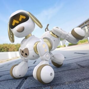 Ruko 18011 Remote Control Robot Dog Toy with RC Jet Sound Barrier Effect Programmable Smart Interactive Pet Puppy LED Eyes Gold