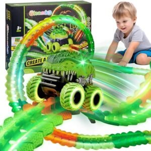 GleamKid Magic Tracks RC Car Set 154PCS Glow in The Dark Flexible Race Tracks with Anti Gravity Dinosaur Car for Kids Ages 3 8