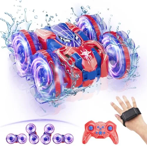 fygurso 4WD Waterproof RC Car, 2.4 GHz Amphibious Remote Control Car Remote Control Boat for Kids, 360°Rotation RC Truck Stunt Cars with LED Lights, Boys Girls Gifts All Terrain Water Beach Pool Toy