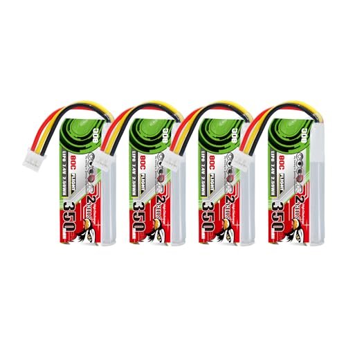 CODDAR 4 Packs 7.4V 2S 350mAh JST 80C 2S LiPo Battery with PH2.0 3PIN for 1:28 1/28 RC Cars RC Racing Drone FPV Quads Quadcoper