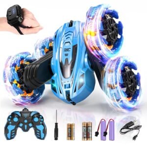 BEZGAR Gesture Sensing Explosive RC Car with 360° Rotate and 4WD Headlights Rechargeable Batteries Blue