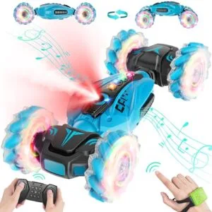 CoziBB Gesture Sensing RC Pan Cars Remote Control Stunt Car with Spray Lights Music for Kids Ages 6 12 4WD 360 Spins All Terrains Blue