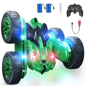 CoziBB Long Battery Life RC Car with Strip Lights and Headlight 4WD Double-Sided 360 Flips Rotating Stunt Remote Control Toy for Boys Girls Green