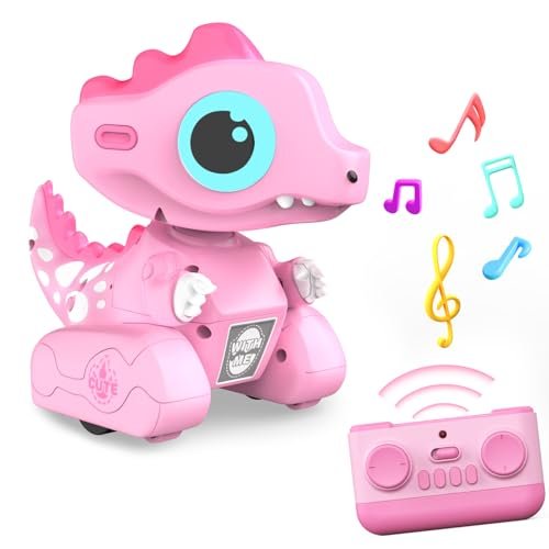 YUAN PLAN RC Taylor Floor Plan Remote Control Robot Dinosaur Toy with LED Light Eyes Auto Demo Recording for Kids Age 3 and Up Pink