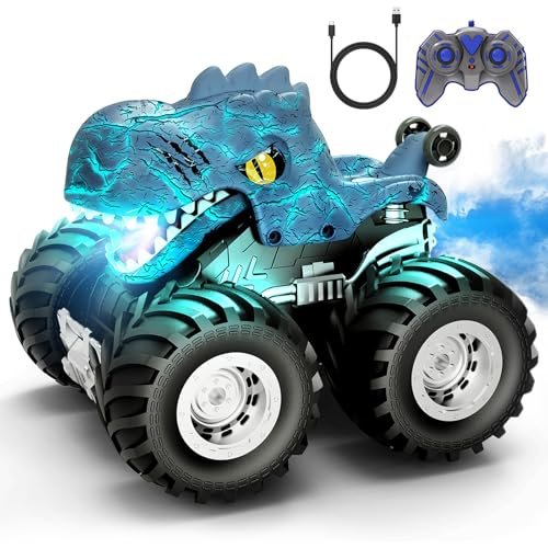 Tecnock Custom RC Cars and Trucks Remote Control Monster Truck with 360° Rotation 2.4GHz Dinosaur Design Spray Light Sound for Kids Ages 6 7 8