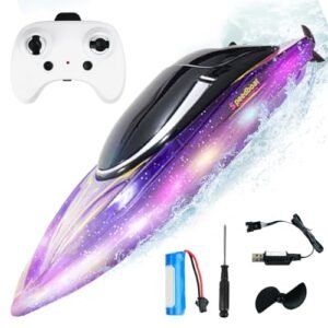 BEZGAR 10 Inch Boat Racers RC Speed Boats with 650mAh Battery and LED Lights for Pools Lakes