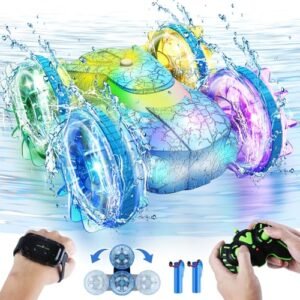 Amphibious Remote Control Car 4WD Waterproof RC Car Gesture Remote Control Boat 360° Rotation Stunt RC Boat with Lights Water Beach Pool Toys for Kids Ages 4-8-12 Gifts for 6 7 9 Year Old Boys Girls