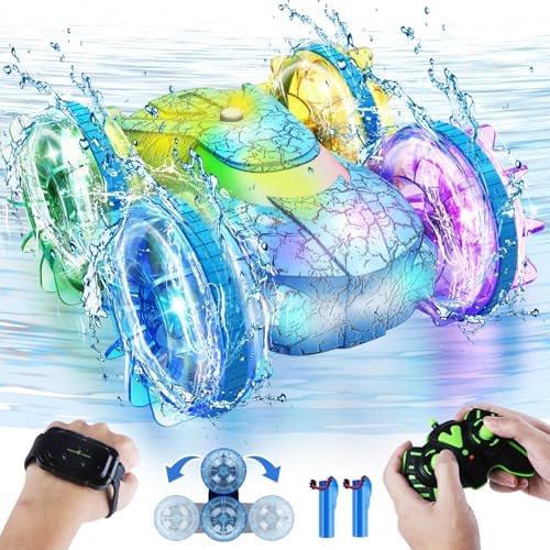 Amphibious Remote Control Car 4WD Waterproof RC Car Gesture Remote Control Boat 360° Rotation Stunt RC Boat with Lights Water Beach Pool Toys for Kids Ages 4-8-12 Gifts for 6 7 9 Year Old Boys Girls