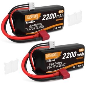 Crazepony 7.4V 2200mAh 50C 2S Lipo Battery with T Plug Connector for RC Missile Boat and Other RC Models 2 Pack