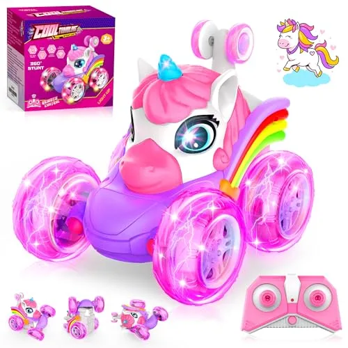 ZIZZ 90s Old RC Cars Pink Remote Control Stunt Car for Girls Age 4 8 with 360 Rotating Crawler and Headlights