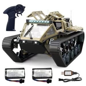 XCRCFUN RC Tank Car, 1:16 Remote Control Crawler 10KM/H High Speed Tank, 2.4Ghz RC Rock Crawler Off-Road 4WD 360°Rotating Drifting Car with 2 Batteries, Military Truck Toy for Kids