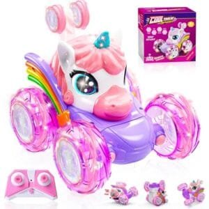 Unicorn Remote Control Car for Girls, 360° Rotating 4WD Stunt RC Cars with Cute Lights, Rechargeable Car Toys Birthday Gifts for Kids Girl Age 3 4-6 6-8