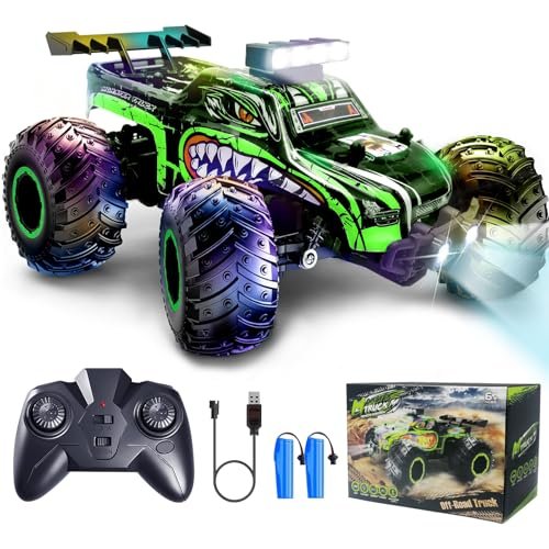 Fix RC Cars Rechargeable Remote Control Monster Truck 2.4Ghz All Terrain Off Road 20 KMH LED Bodylight 2 Batteries for Kids 4 12 Years Old Green
