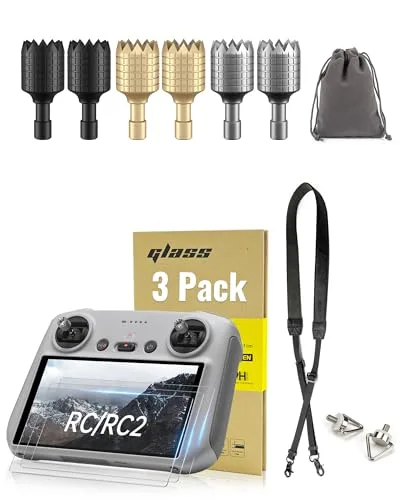 LKTOP Film RC Screen Protector with Lanyard and Joysticks for DJI RC RC2 Controller Accessories HD Tempered Glass Leather Neck Strap for DJI Mini 4 3 Series Mavic 3 Series Air 3 Air 2S