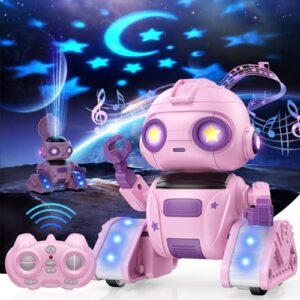 BAIWU Pink RC Robot Toy for Kids with Gesture Sensing LED Eyes Star Projector and Music Easter Gift for Girls Age 6 and Up
