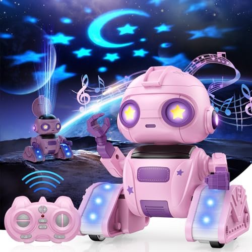 BAIWU Pink RC Robot Toy for Kids with Gesture Sensing LED Eyes Star Projector and Music Easter Gift for Girls Age 6 and Up
