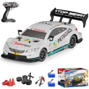 Dollox RC Drift Car 1/16 Scale with RC Drift Tires for Carpet 2.4GHz 4WD High Speed Remote Control Vehicle LED Lights Extra Tires 2 Batteries Silver