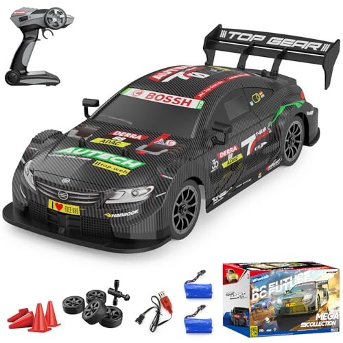 Dollox RC Drift Car 1/16 Scale with RC Drift Tires for Asphalt 2.4GHz 4WD 30KMH High Speed Remote Control Vehicle LED Lights 2 Batteries Black