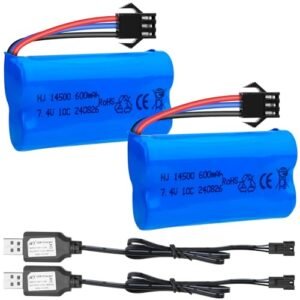 Crazepony 7.4V 600mAh Li ion Battery 2PCS 2S Rechargeable Battery with SM 3P Plug and USB Charger Cable for New Nitro RC Trucks