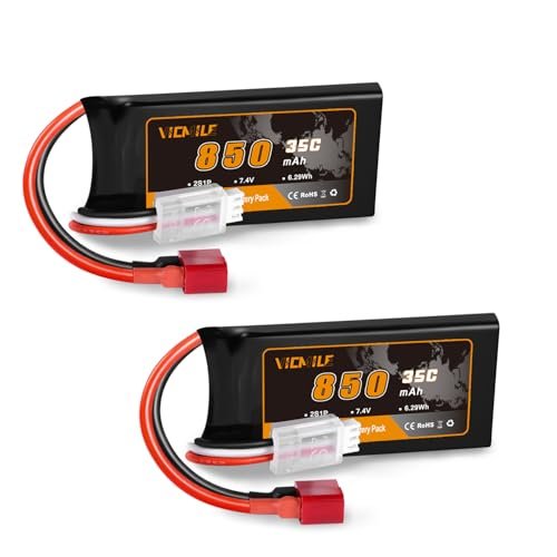 VICMILE 7.4V Lipo Battery Super Thin 2S 850mAh RC Battery with Deans T Plug 35C High Discharge Rate Rechargeable Lithium Battery Fit for DEERC WLtoys HBX Most 1/10 1/16 1/18 1/24 Scale RC Car Truck