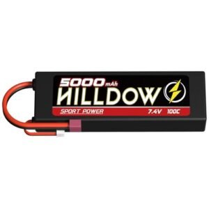 Hilldow 7.4V 2S Lipo Battery 100C 5000mAh RC Battery HardCase Rechargeable with T Connector for 1/8 1/10 RC Vehicles Car Truck