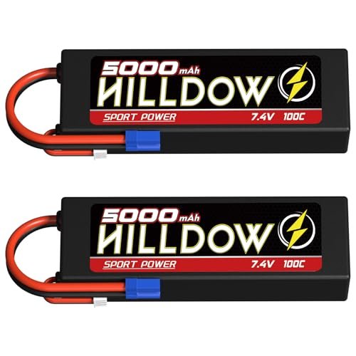 Hilldow 2S 7.4V Lipo Battery 5000mAh 100C RC Battery Hard Case with EC3 Connector for 1/8 1/10 RC Vehicles Car Slash RC Buggy Truggy RC Airplane UAV Drone(2 Pack)