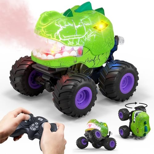 Awvlvwa the World's Largest Monster Jam RC Truck Dinosaur Remote Control Car for Boys 360 Rotating Stunt Vehicle with Spray Light and Sound