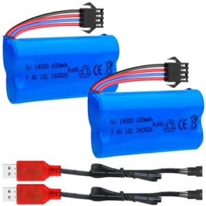 Crazepony 7.4V Li-ion Battery 600mAh 2S Rechargeable Battery with SM-4P Plug and Charger Cable for Gel Blaster Accessories for Remote Control RC Boat Car - 2 Pack