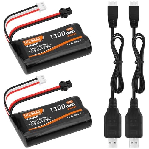 Crazepony 7.4V 1300mAh 2S Li ion Rechargeable Battery with SM3P Plug and Charger Cable for RC Vehicle Stunt Toy Car Watch Off Road Truck Clamping Car 2 Pack