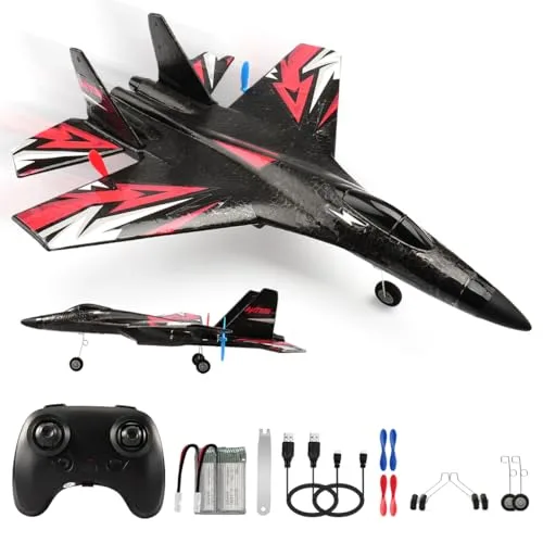 RoofWorld SU27 RC Plane Fighter Remote Control Toy with 2.4GHz 6 Axis Gyro Stabilizer 2 Batteries for Adults Kids Beginners