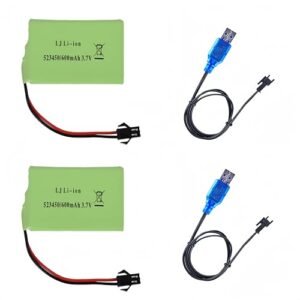 Itexkun 2 Pack 3.7V 600mAh Li ion Rechargeable Battery SM 2P Plug with 2 USB Charger Cable Compatible with Tyco RC 7.2 V NiCd Battery Pack Charger and K9 Remote Control Robot Dinosaur Robot Dog