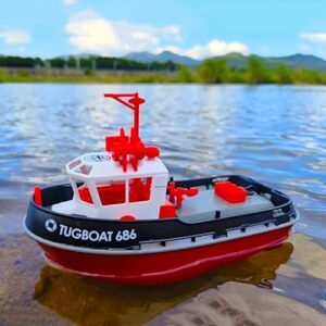 POCO DIVO Cartoon Tugboat RC Boat, 1/72 Harbor Work Ship, Kids Lake Pond Toy Yacht, 2.4Ghz Radio Remote Control 15kmph Speed Pool Racer, Adults Water Fun Gifts, LED Night Sailing Cruise, Black-Red