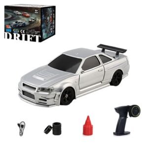 DERELOAS 1/43 2.4G Mini Rc Drift Car, 4WD 15km/h with Lights, Lasts 30 Mins, Christmas Birthday Gift (RTR Version/Silver)