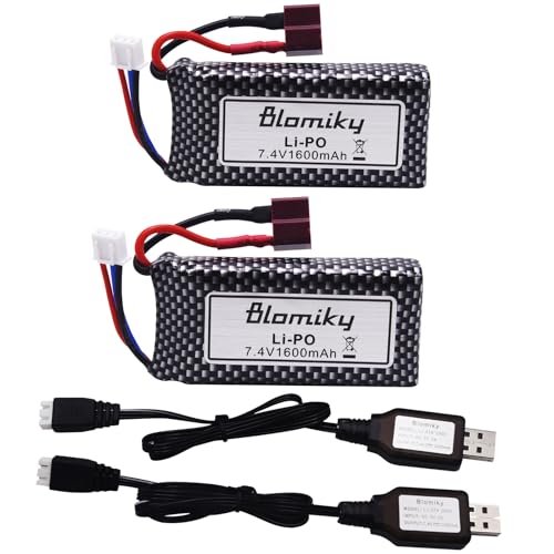 Blomiky 2 Pack 11.84Wh 7.4V 1600mAh Li po Rechargeable Battery and Charge Cable for 9125 1/10 Scale 48KMH 4X4 Fast RC Truck Cars