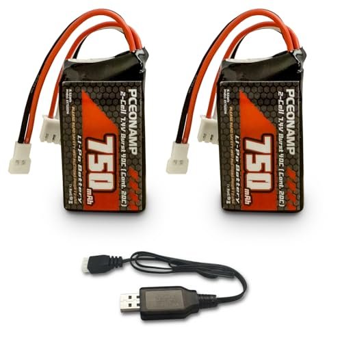 PCEONAMP 2S Lipo Battery 750mAh 7.4V for FCX24 Burst 40C with Molex Plug Rechargeable High Capacity RC 7.4V Lipo Battery Fit for 1/24 Scale RC Cars Trucks with 1 USB Charger 2pcs