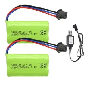 VBILUM 7.4v 500mah Rechargeable Battery SM 3P Plug 3.7wh Li ion Battery for Rock Crawler 6x6 RC Monster Truck and USB Charger Cable 2 Pack