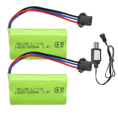 VBILUM 7.4v 500mah Rechargeable Battery SM 3P Plug 3.7wh Li ion Battery for Rock Crawler 6x6 RC Monster Truck and USB Charger Cable 2 Pack